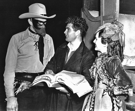 Between scenes of THE LONE RANGER: Brix, behind the mask, with co-director Bill Witney and leading lady Lynn Roberts.